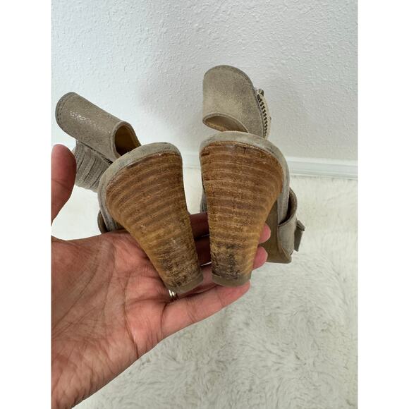 Paul Green Taupe Leather Peep Toe Stacked Heel Sandals Women’s 11 - Picture 4 of 8